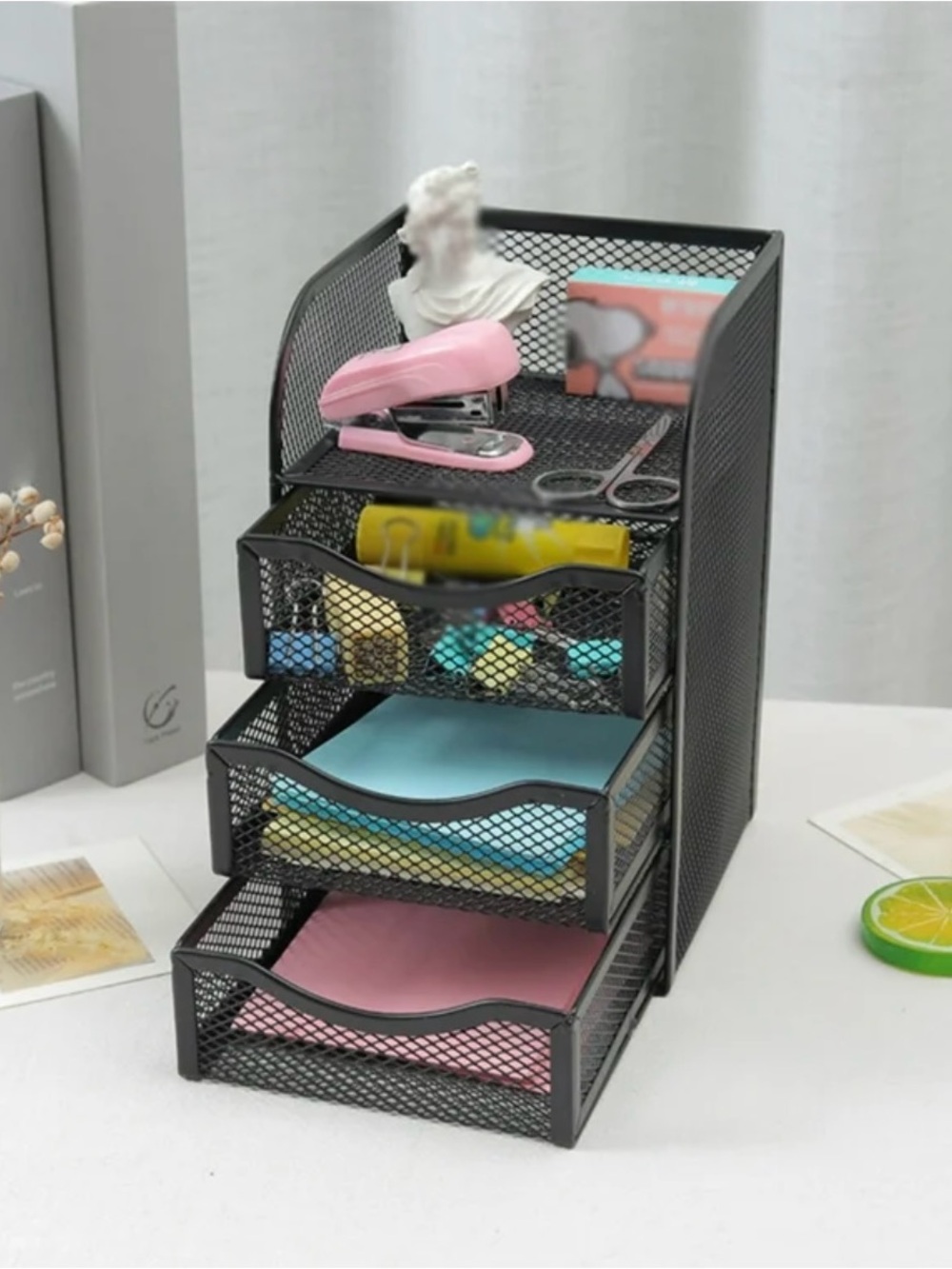 2 Pcs 3-Drawer & Compartment Metal Mesh Office Home Desktop Storage Organizer - Picture 4 of 11
